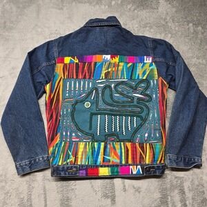 Sweet Pea Denim Jacket Womens Med Blue Multi Color Woven Art Embellished Style